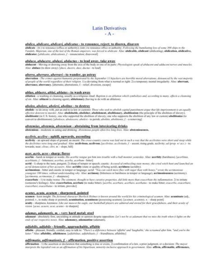 latin derivatives list with definitions Latin, Study unit, Derivative