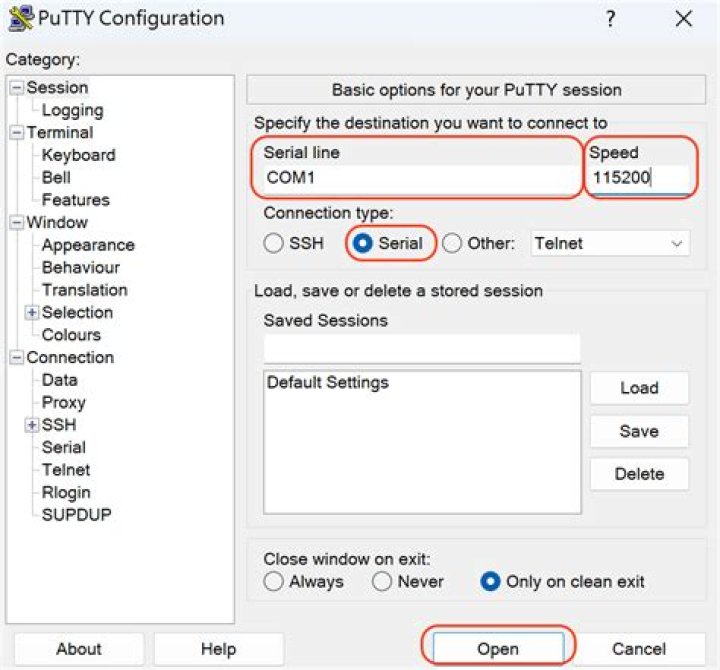 PuTTY Connect to Serial Port